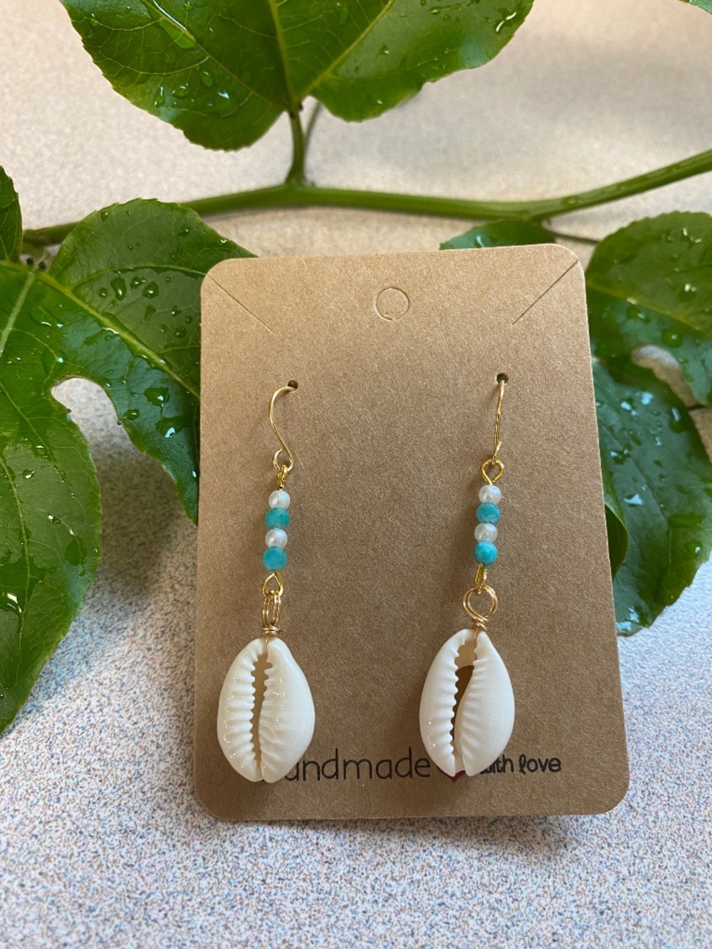 Seashell Dangle Earrings with Amazonite and Faux Pearl